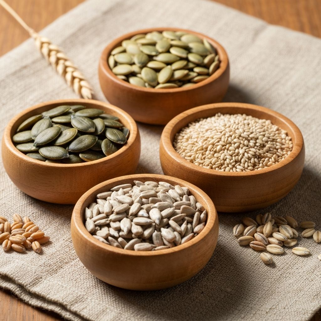Różne nasiona i pełne ziarna w drewnianych miseczkach