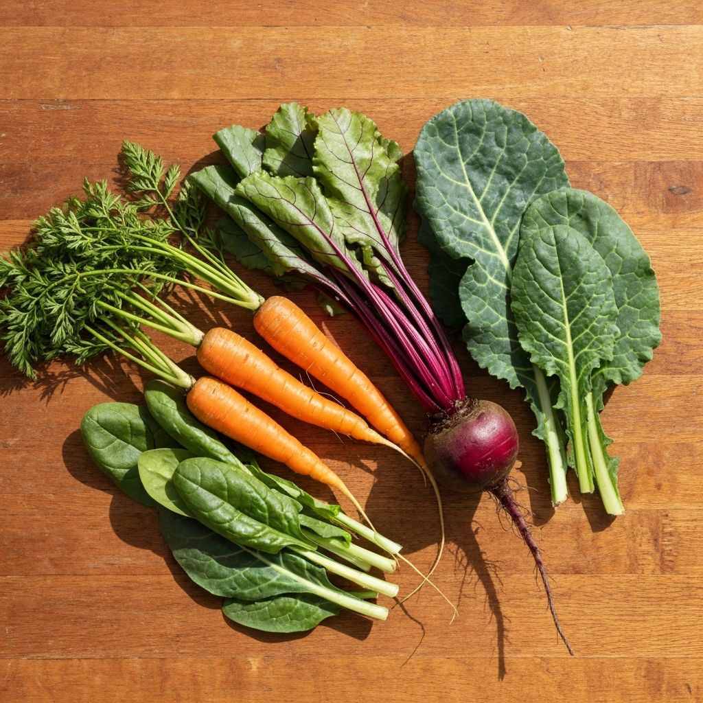 Świeże warzywa korzeniowe i ciemnozielone liście
